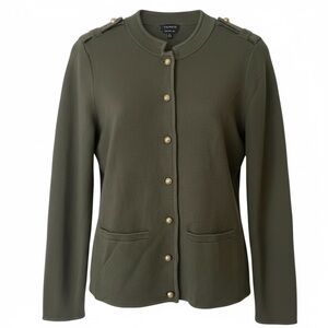 TALBOTS  Military Jacket Cardigan Green Gold Buttons 100% Metino Wool